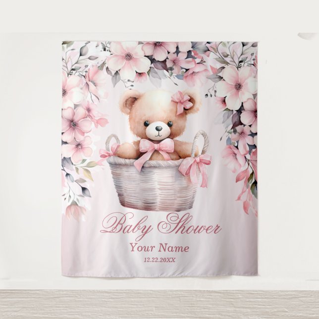Teddy Bear Baby Girl Pink Flowers Party Elegant Tapestry (Front)