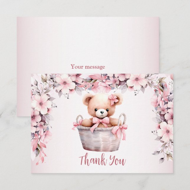 Teddy Bear Baby Girl Pink Flowers Party Elegant Thank You Card (Front/Back)