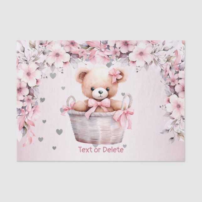 Teddy Bear Baby Girl Pink Flowers Party Elegant Tissue Paper (Front)