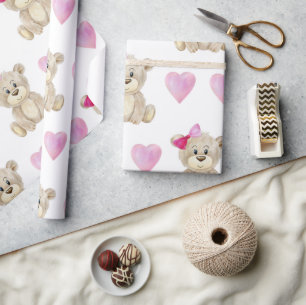 Teddy Bear Baby Girl Pink Watercolor Baby Shower Wrapping Paper