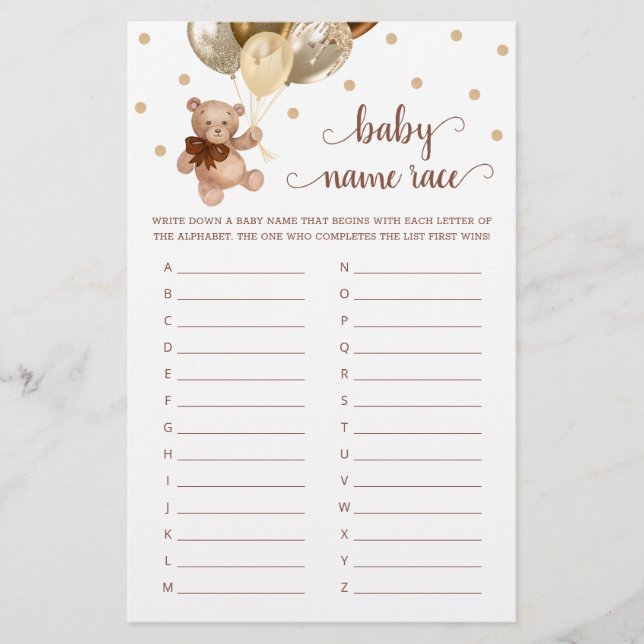 Teddy Bear Baby Name Race Baby Shower Game (Front)