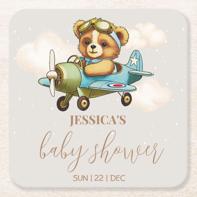 Teddy Bear Baby Pilot Aeroplane Baby Shower Square Paper Coaster (Front)