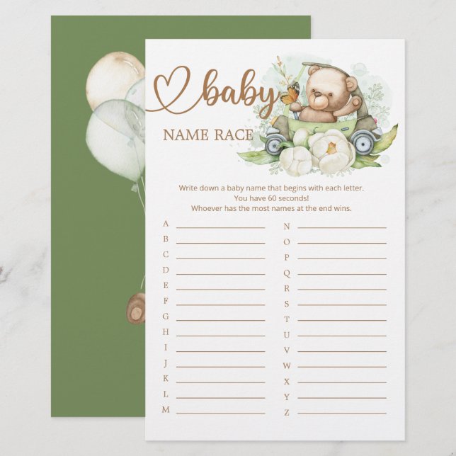 Teddy Bear Baby Shower Baby Name Race Game (Front/Back)