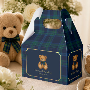 Teddy Bear Baby Shower Blue Green Plaid Thank You Favour Box