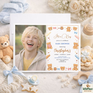 Teddy Bear Baby Shower Boy Cute Blue Bear Invitation