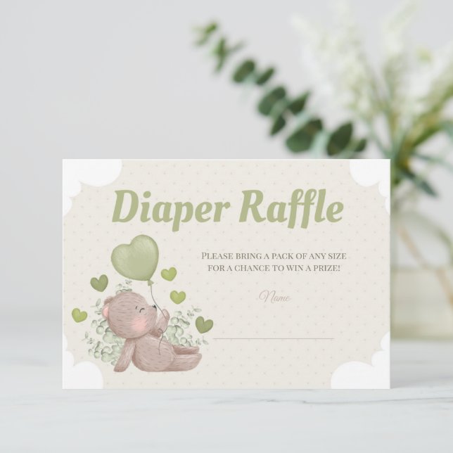 Teddy Bear Baby Shower Boy Diaper Raffle Card (Standing Front)