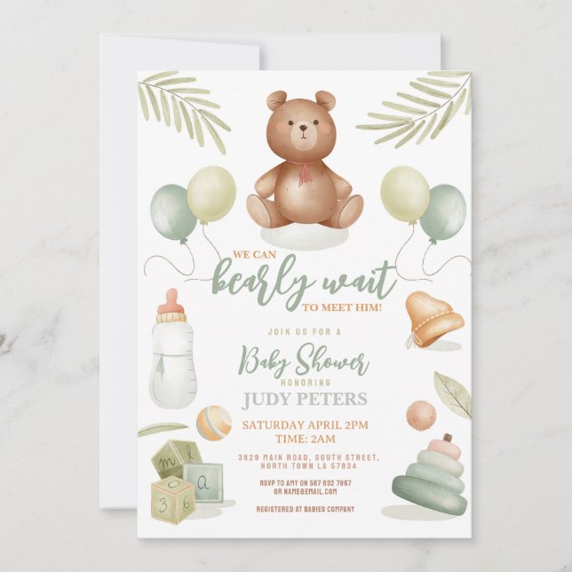 Teddy Bear Baby Shower Boy Girl Mint Barely Wait Invitation (Front)