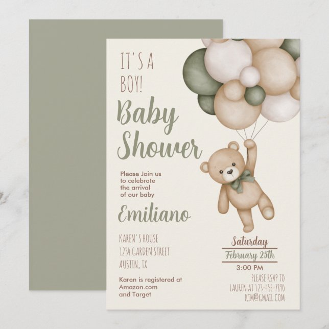 Teddy Bear Baby Shower Boy Invitation (Front/Back)