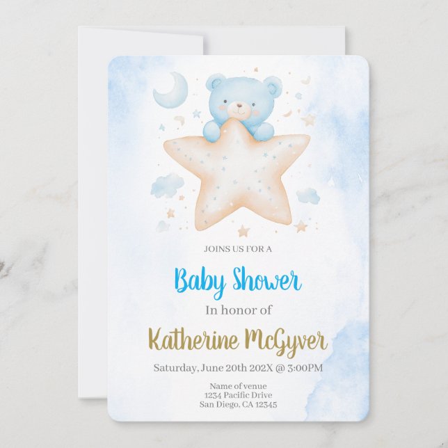 Teddy bear baby shower boy  invitation (Front)