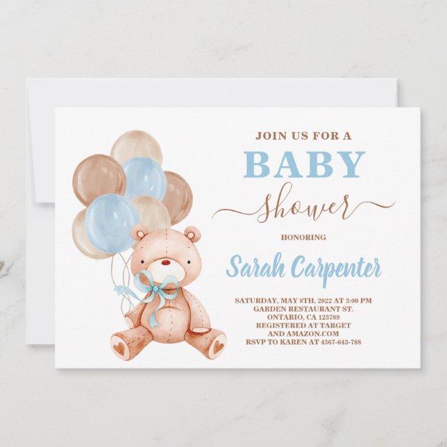 Teddy Bear Baby Shower Boy Invitation (Front)