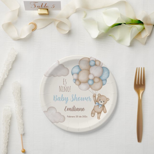 Teddy Bear Baby Shower Boy Spanish Paper Plate (Wedding)