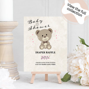 Teddy Bear Baby Shower Diaper Raffle Sign (Pink)