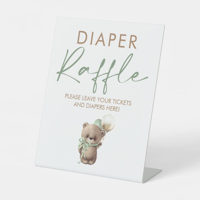 Teddy Bear Baby Shower Diaper Raffle Ticket  Pedestal Sign (Front)