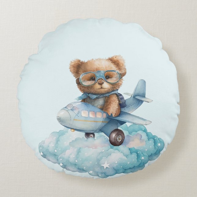 Teddy Bear Baby Shower Gift Boy Blue Bear Round Cushion (Front)