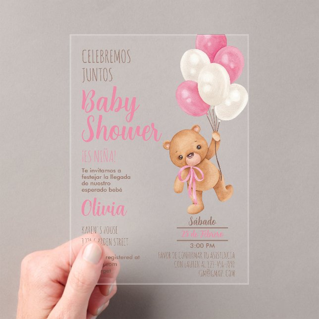 Teddy Bear Baby Shower Girl Acrylic Invitation (Insitu (Handheld))