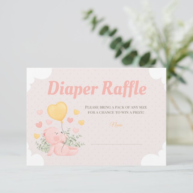 Teddy Bear Baby Shower Girl Diaper Raffle Card (Standing Front)