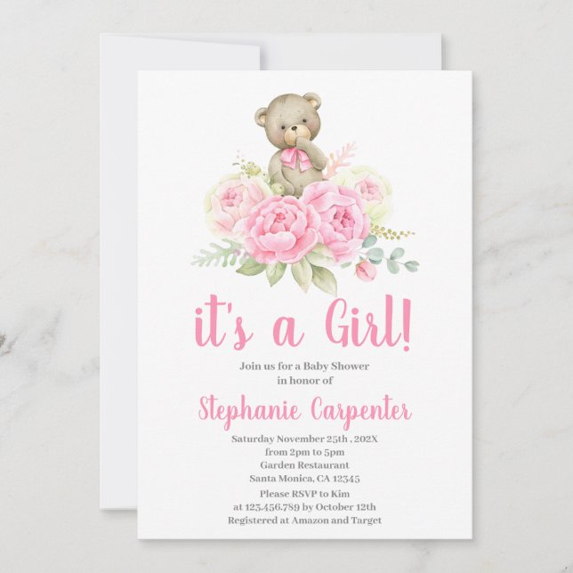 Teddy Bear Baby Shower Girl Invitation (Front)