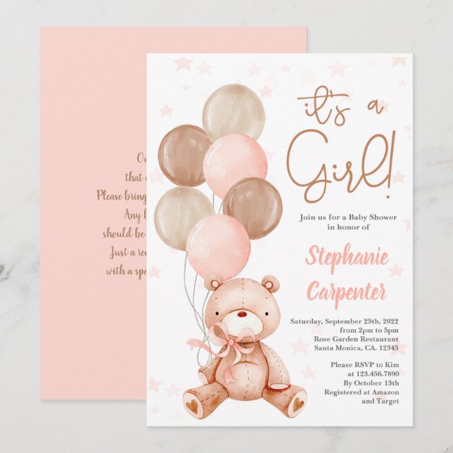 Teddy Bear Baby shower girl Invitation (Front/Back)