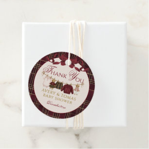 Teddy Bear Baby Shower Girl Plaid Burgundy Bow Favour Tags