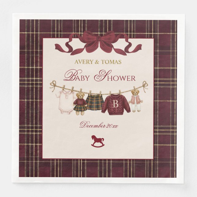 Teddy Bear Baby Shower Girl Plaid Burgundy Bow  Napkin (Front)