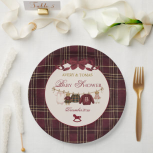 Teddy Bear Baby Shower Girl Plaid Burgundy Bow  Paper Plate