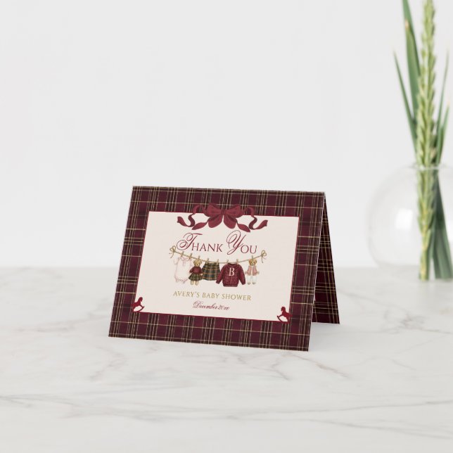Teddy Bear Baby Shower Girl Plaid Burgundy Bow  Thank You Card (Front)