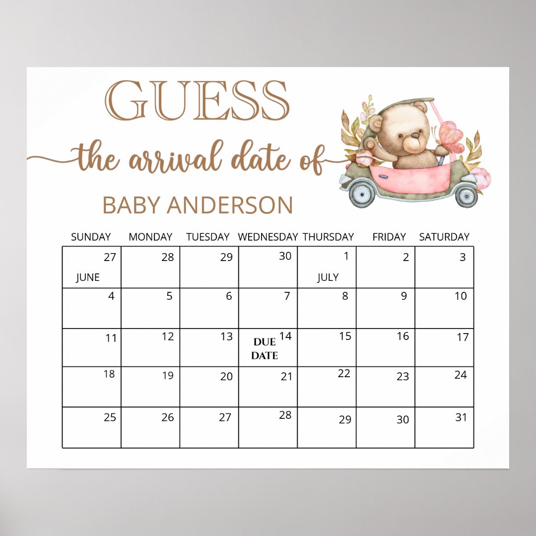Teddy Bear Baby Shower Guess Due Date Calendar Poster Zazzle
