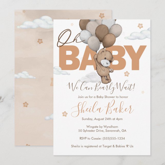 Teddy Bear Baby Shower Invitation, "Bearly Wait" Invitation (Front/Back)