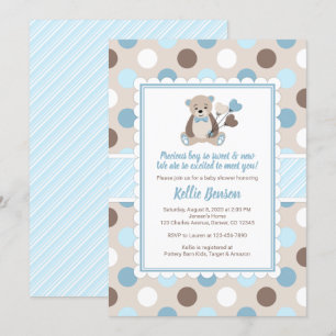 Teddy bear baby shower invitation boy blue brown