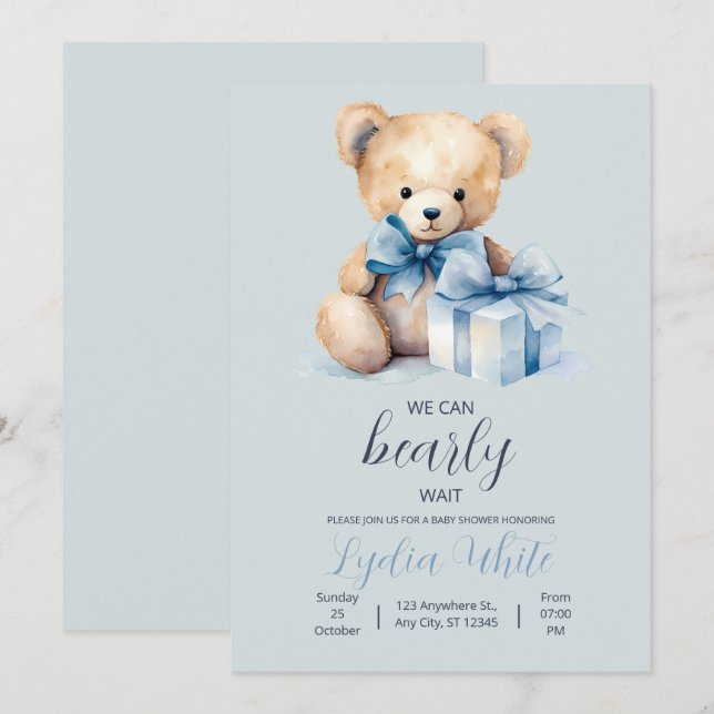 Teddy Bear Baby Shower Invitation Can Bearly Wait (Front/Back)
