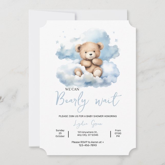 Teddy Bear Baby Shower Invitation, Can Bearly Wait (Front)