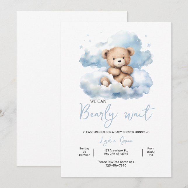 Teddy Bear Baby Shower Invitation, Can Bearly Wait Invitation (Front/Back)