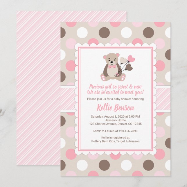 Teddy bear baby shower invitation girl pink brown (Front/Back)