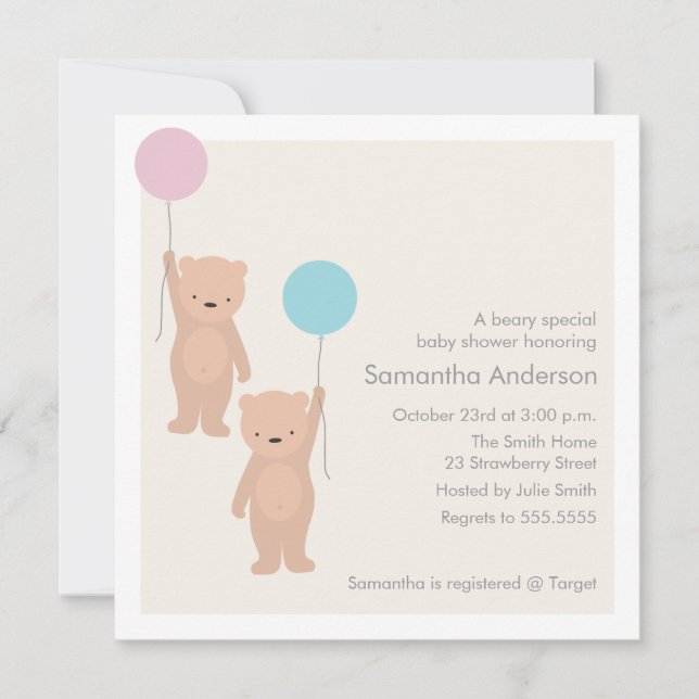 Teddy Bear Baby Shower Invitation - Twin Boy Girl (Front)