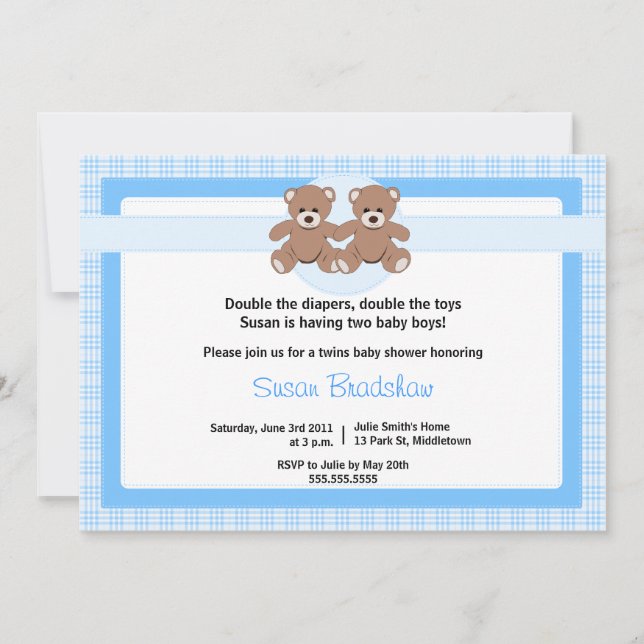 Teddy Bear Baby Shower Invitation - Twin Boys (Front)