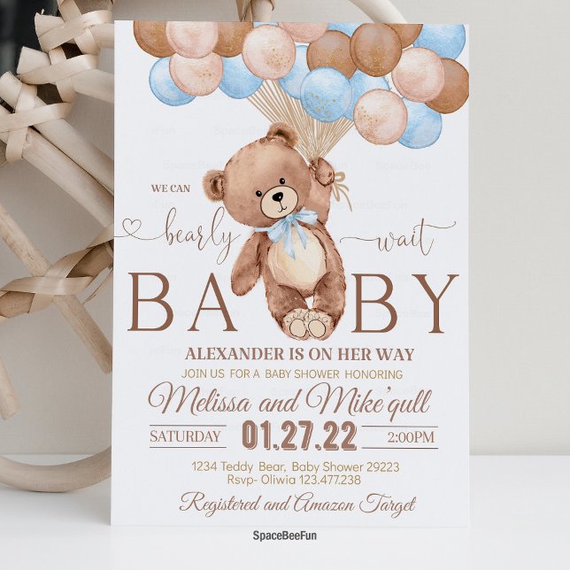 Teddy Bear Baby Shower Invitation We Can Bearly Wa (teddy bear invites,baby shower invitation,we can bearly wait,teddy bear boy,hot air balloon bear the)