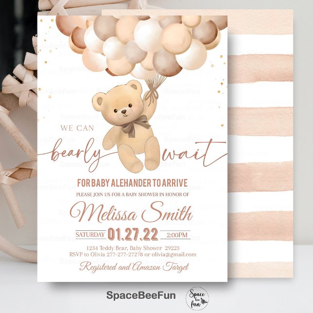 Teddy Bear Baby Shower Invitation We Can Bearly Wa (eddy Bear,Baby Shower,Invitation,We Can Bearly,Wait girl,hot air balloon,Bear Theme,Baby Shower invi)