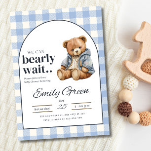 Teddy Bear Baby Shower Invite, Blue Gingham Baby  Invitation