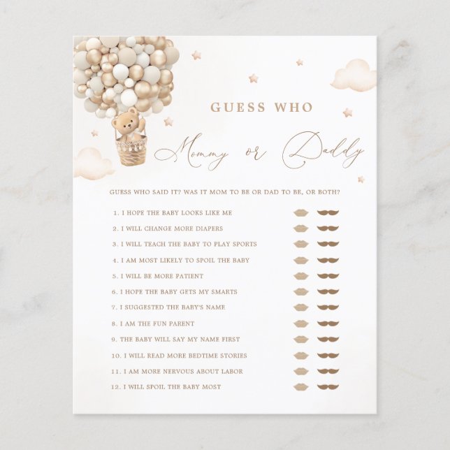 Teddy Bear Baby Shower Mummy or Daddy Game (Front)