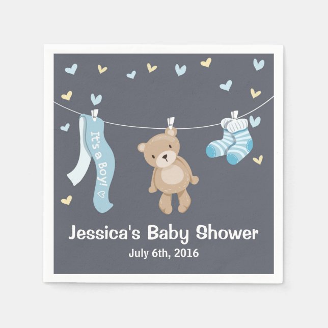 Teddy Bear Baby Shower Paper Napkin Boy Grey Blue (Front)