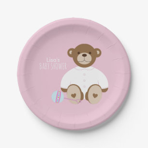 Teddy Bear Baby Shower Paper Plate - on pink