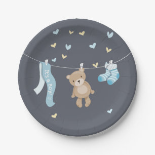 Teddy Bear Baby Shower Paper Plates Boy Blue Grey