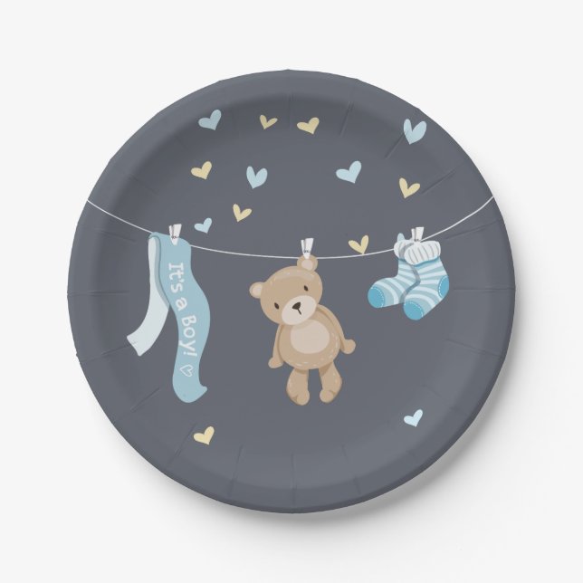 Teddy Bear Baby Shower Paper Plates Boy Blue Grey (Front)