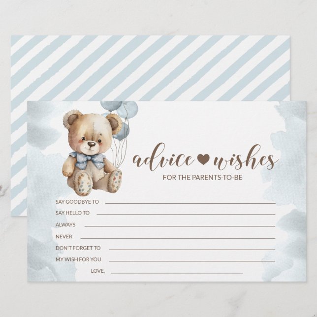 Teddy bear baby shower parents advice wishes cards (Front/Back)