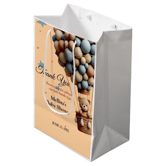 Teddy Bear Baby Shower Pastel Hot Air Balloon Medium Gift Bag (Front Angled)