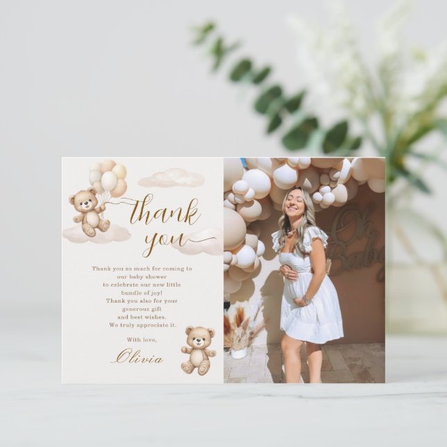 Teddy Bear Baby Shower Photo Thank You Card (Standing Front)