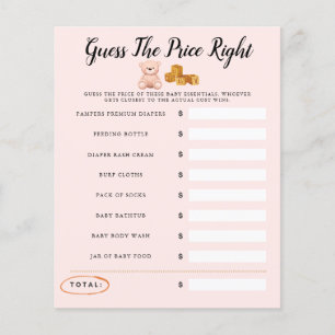 Teddy Bear Baby Shower Pink Game Guess The Price