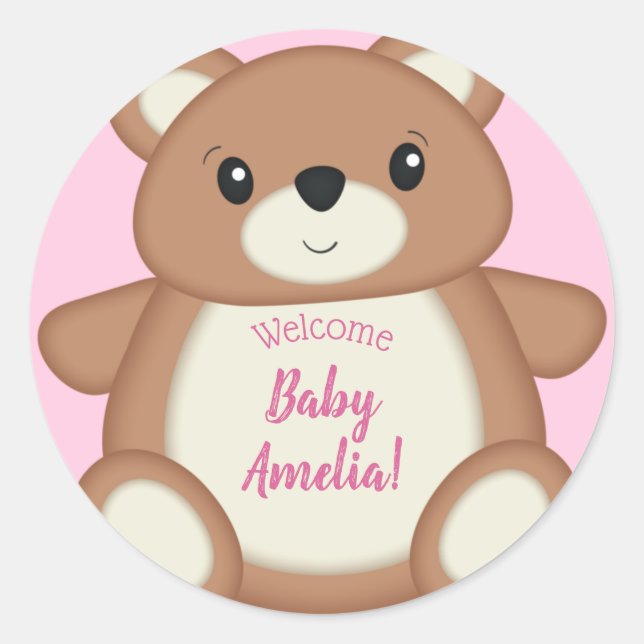 Teddy Bear Baby Shower Pink Girl Classic Round Sticker (Front)