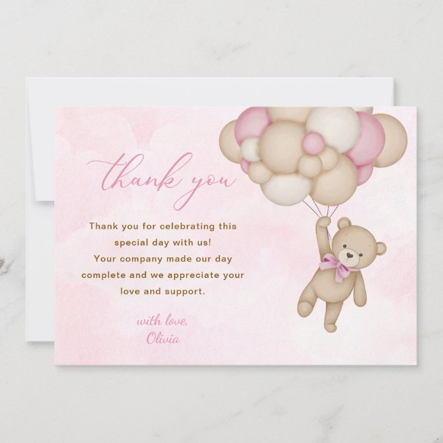 Teddy Bear Baby Shower Pink Thank You Card (Front)