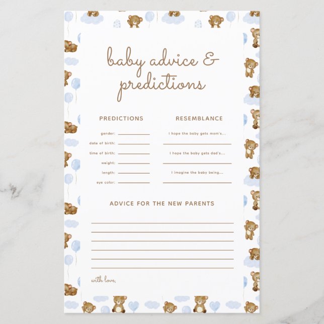 Teddy Bear Baby Shower Predictions & Advice Card (Front)